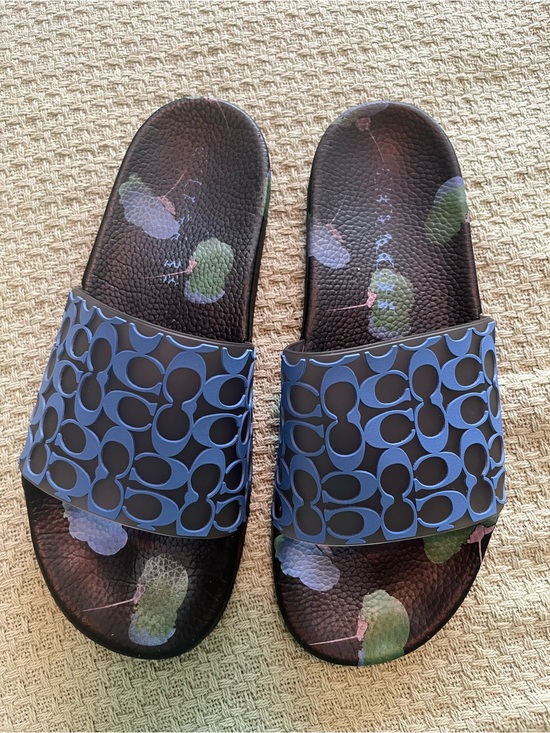 Coach Shoes - Coach Black Slides with Blue Logo Strap